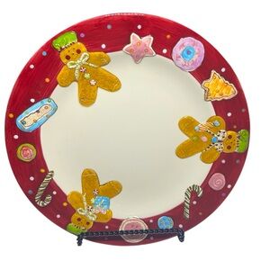 Retired & Rare Festive Red Gingerbread Men Ceramic Plate by Laurie Gates.
